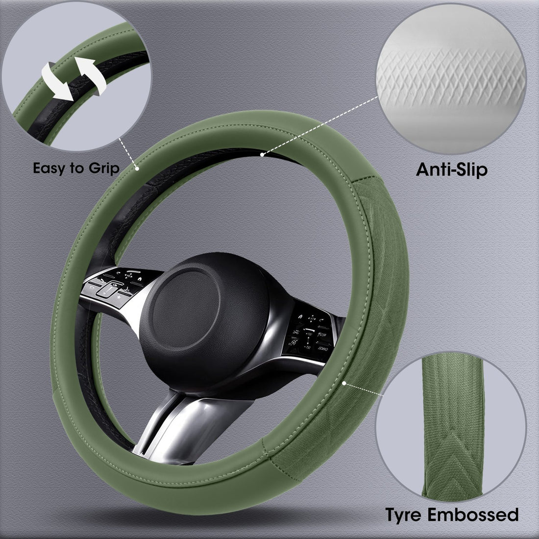 Olive Tyre-Embossed Steering Wheel Cover