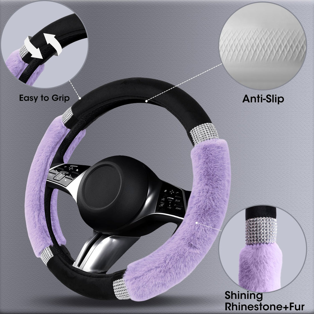 Purple Fur Steering Wheel Cover with Diamante Trim
