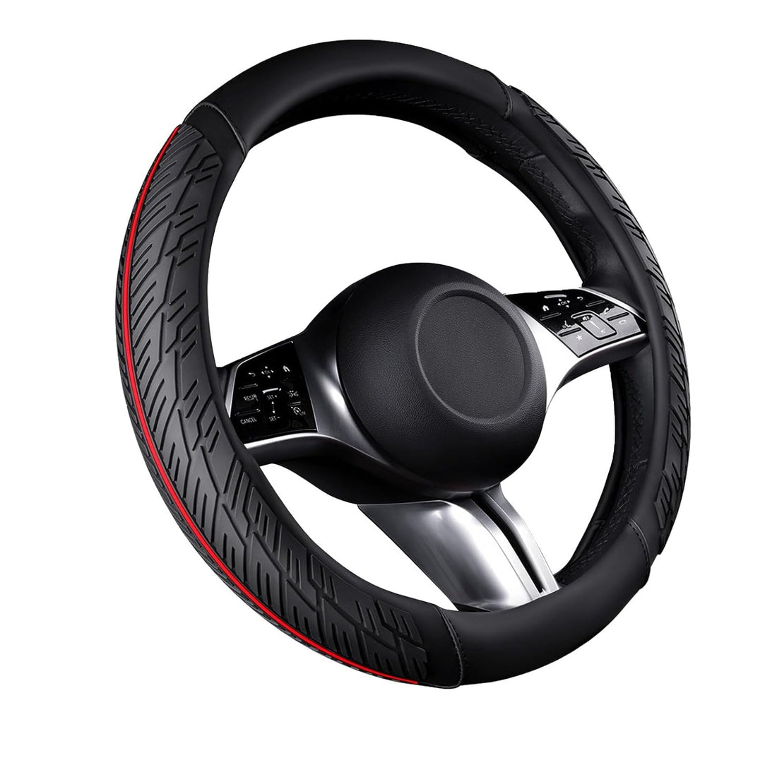 Black Tyre-Tread Steering Wheel Cover with Red Piping