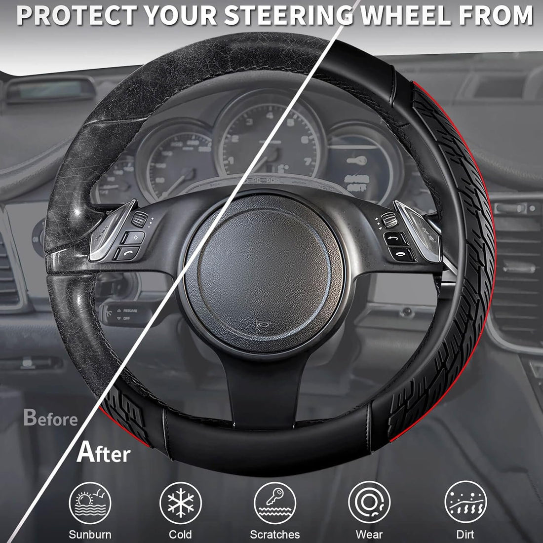 Black Tyre-Tread Steering Wheel Cover with Red Piping