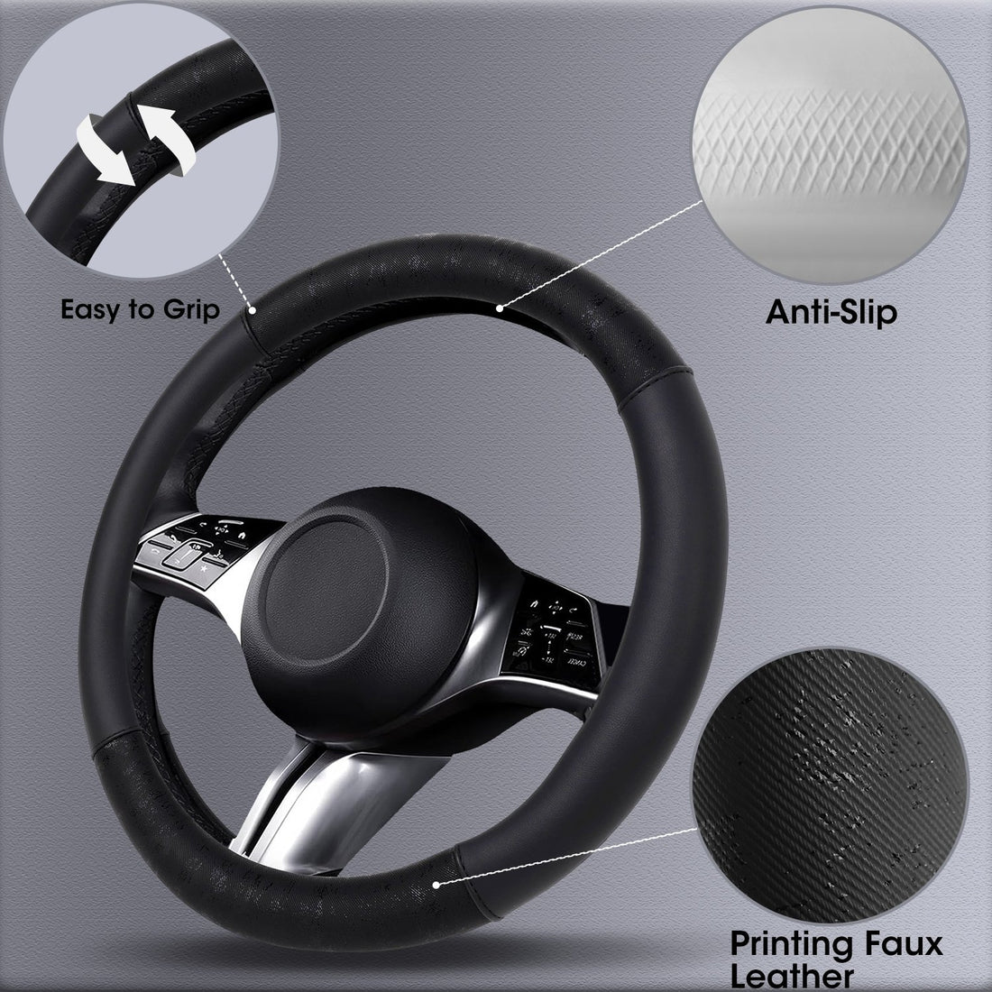 Black Printed Faux Leather Steering Wheel Cover