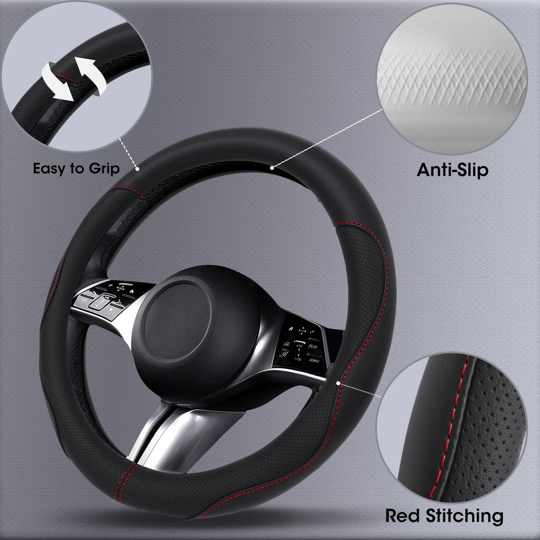Perforated Black Steering Wheel Cover with Red Stitching