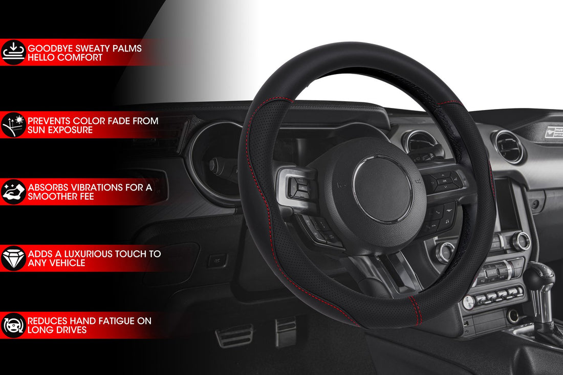 Perforated Black Steering Wheel Cover with Red Stitching