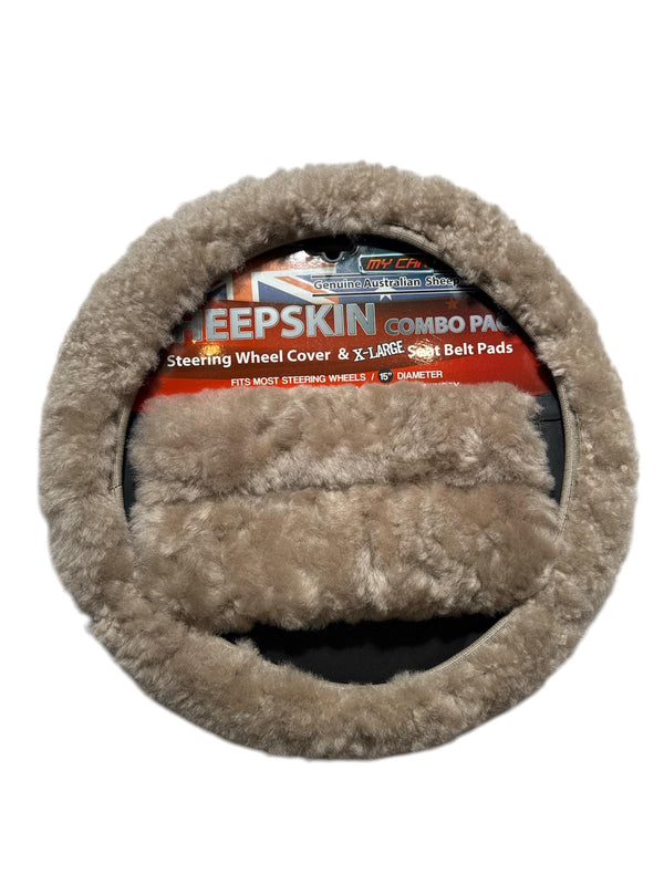 Sheepskin Steering Wheel Cover & 2x Seat Belt Pads Combo Luxury Mocha